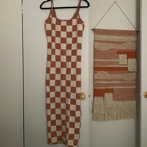 Checkerboard sweater net midi dress spaghetti strap adjustable